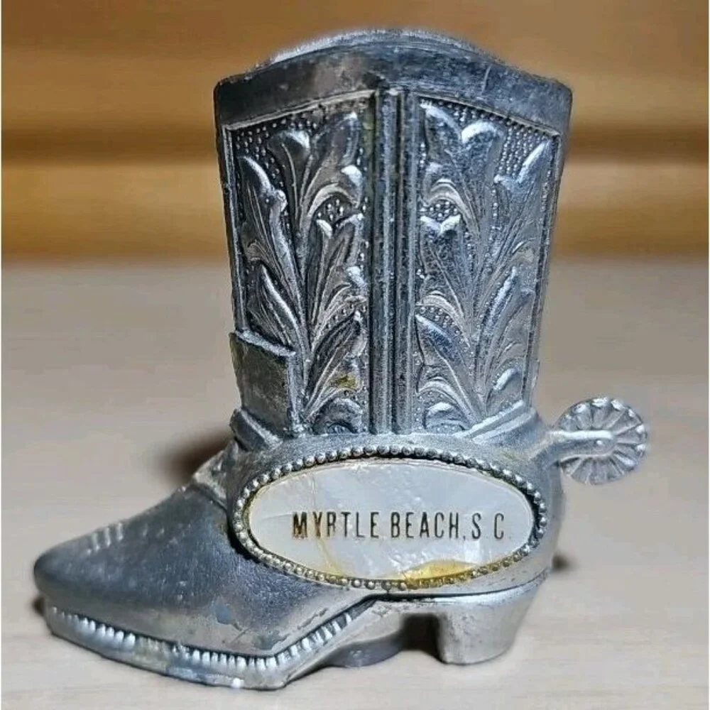 Vintage Myrtle Beach Metal Silver Cowboy Boots Salt and Pepper Shaker Made Japan